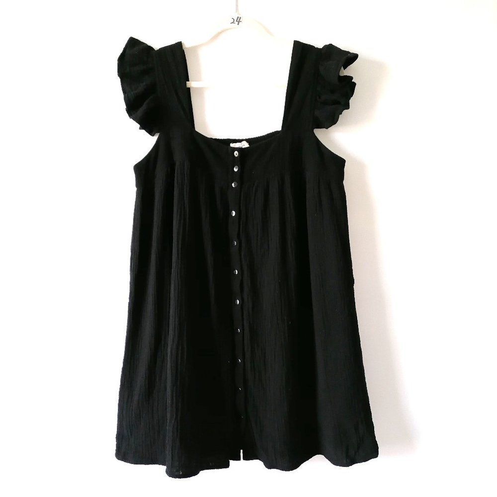 Entro Womens Black Puff Sleeve Square Neck Ruffle Button Up Blouse Top Size L